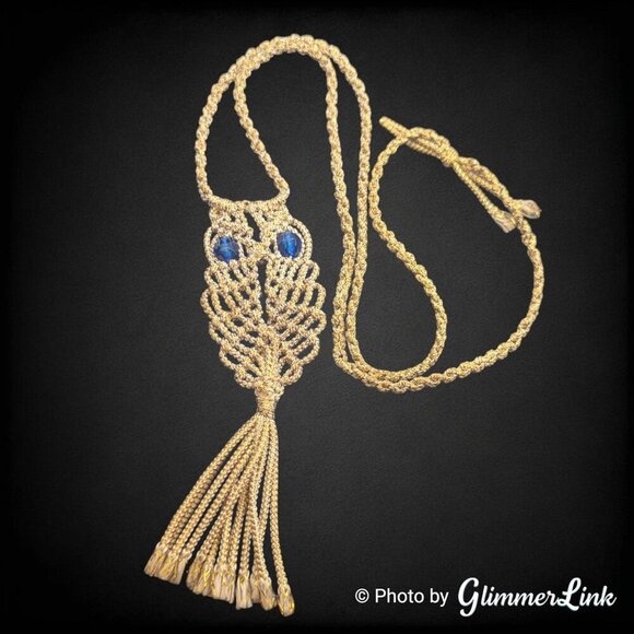 Macrame Crochet Owl Beaded Eyes Tassel Cord Necklace - Picture 5 of 11